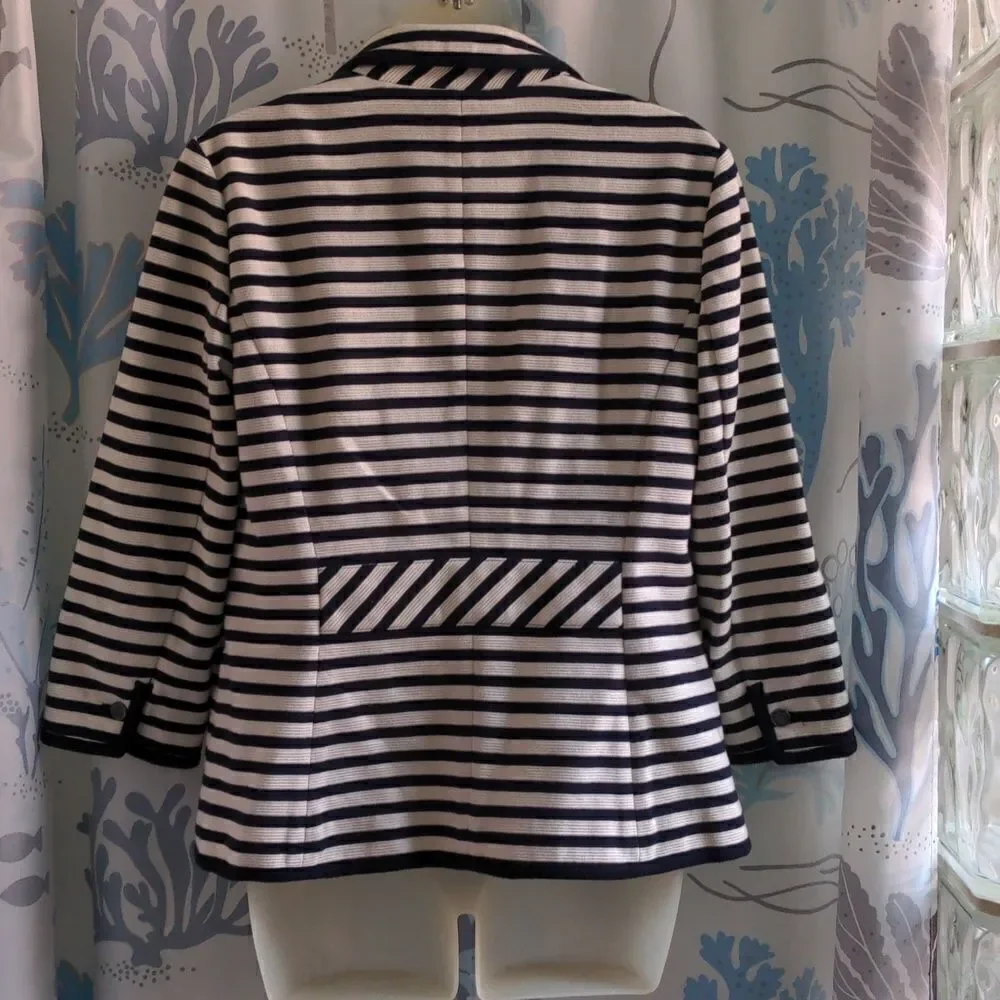 Talbots Black + Cream Striped Cotton Blend Blazer Sz M